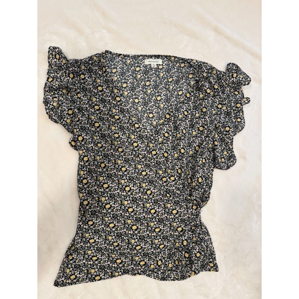 Max Studio Floral Ruffle Blouse Size L Black Yellow